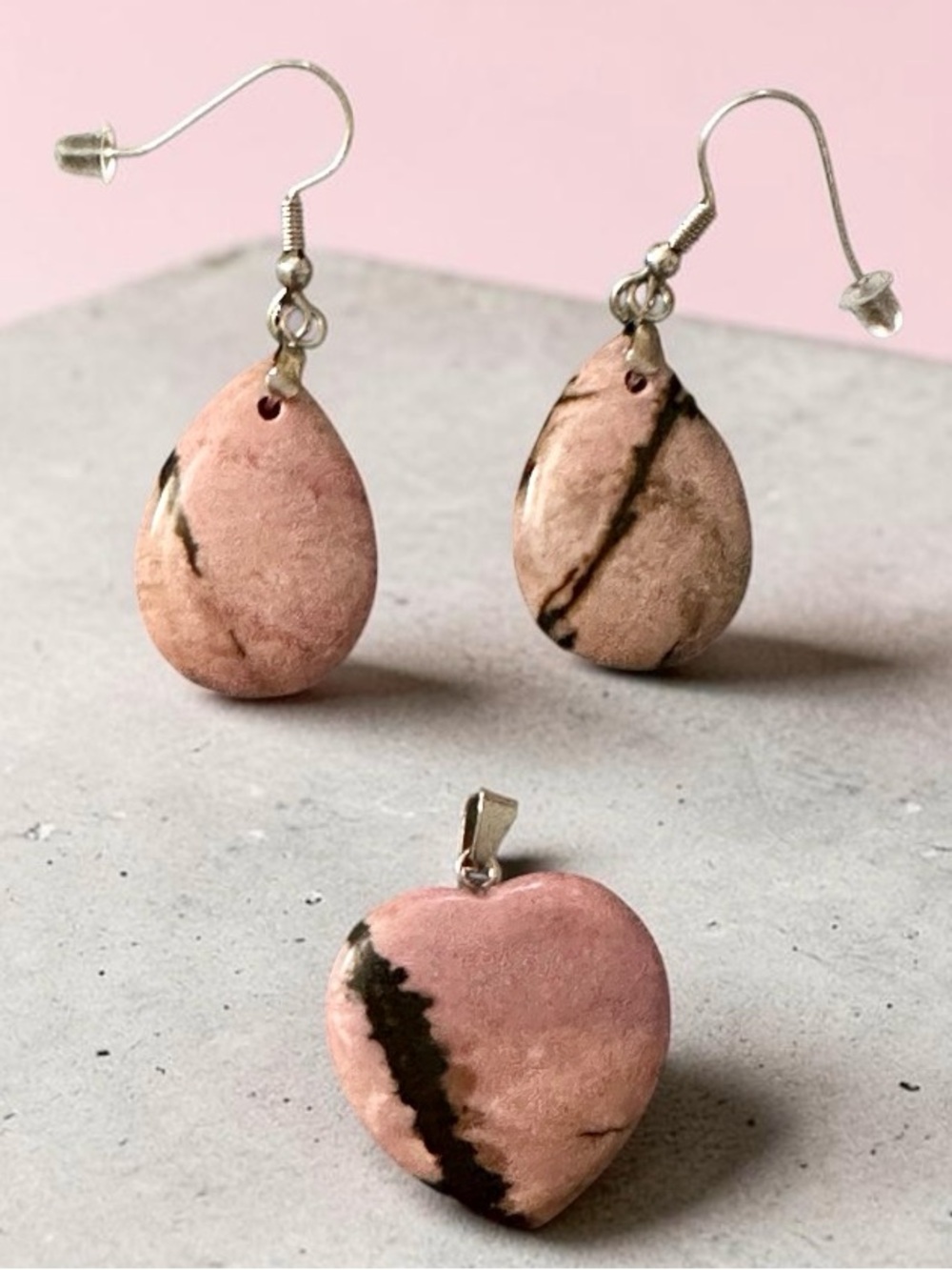 Rhodonite Crystal Earrings and Necklace Set